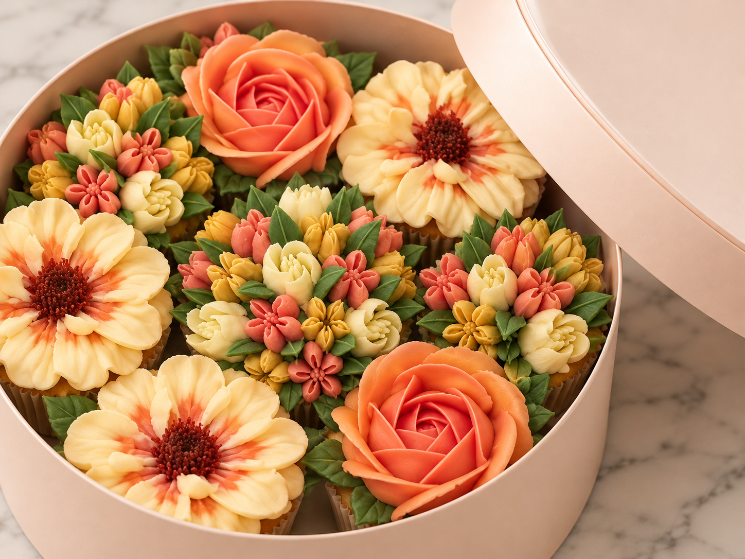 Pink hydrangea floral cupcakes arranged in TGCB's round blush box