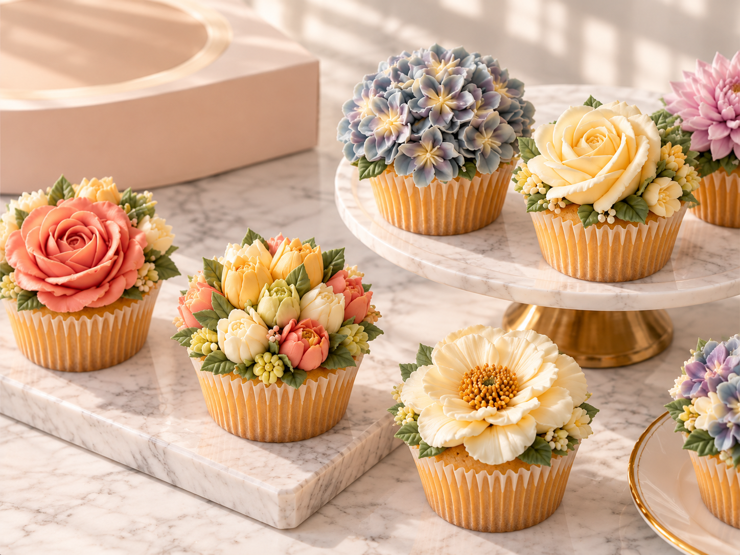 TGCB floral cupcakes with hand-piped roses, hydrangeas and blossoms on marble