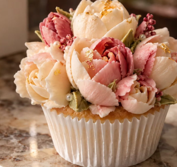 TGCB floral cupcake in blush and ivory tones